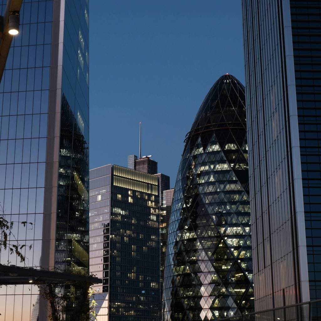 Skyscrapers in a city financial district at dusk