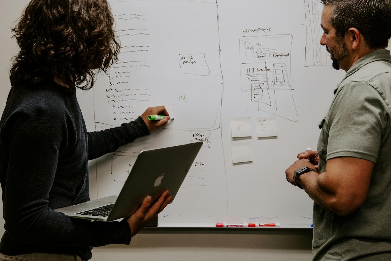 Product managers collaborating at a whiteboard with sketches