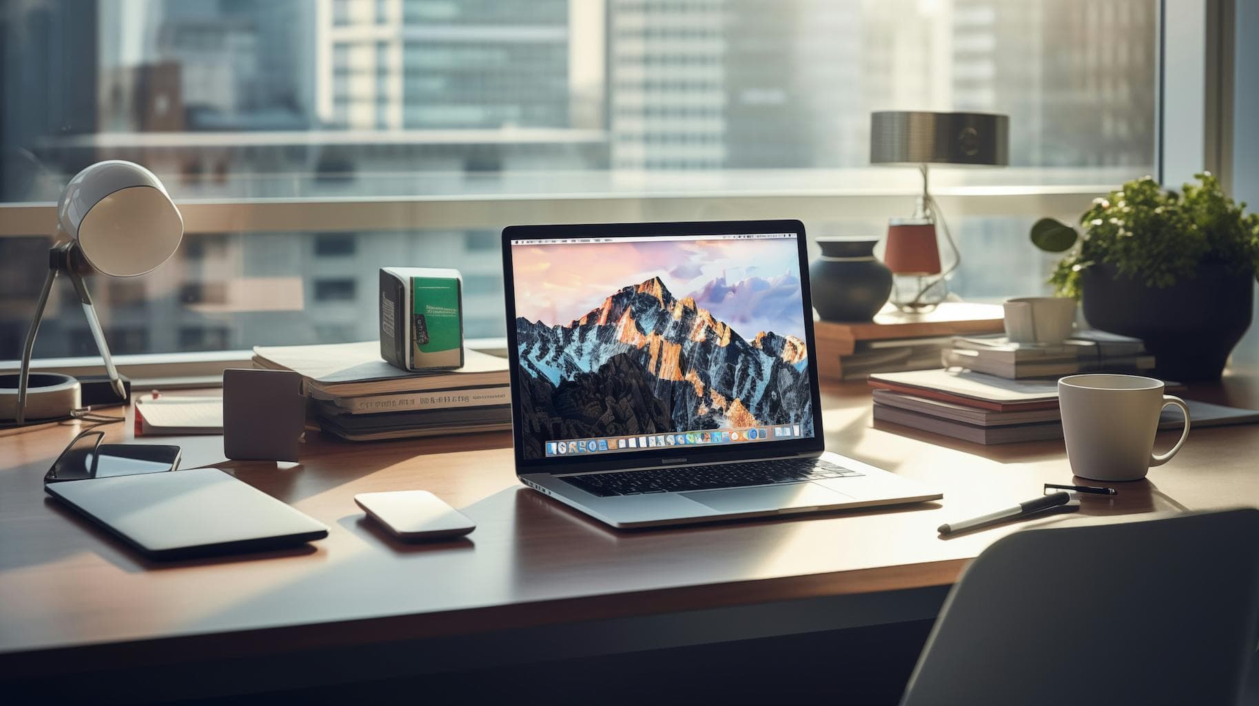 Workspace with laptop and office supplies on a desk