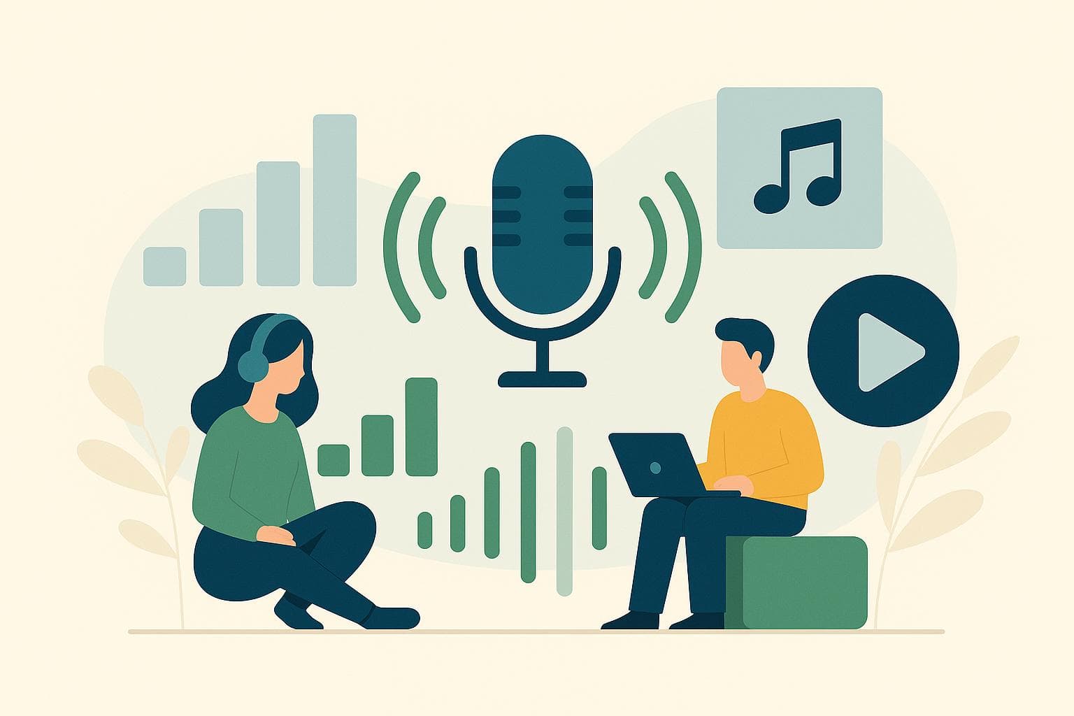 Illustration of people with sound waves, play button, and microphone