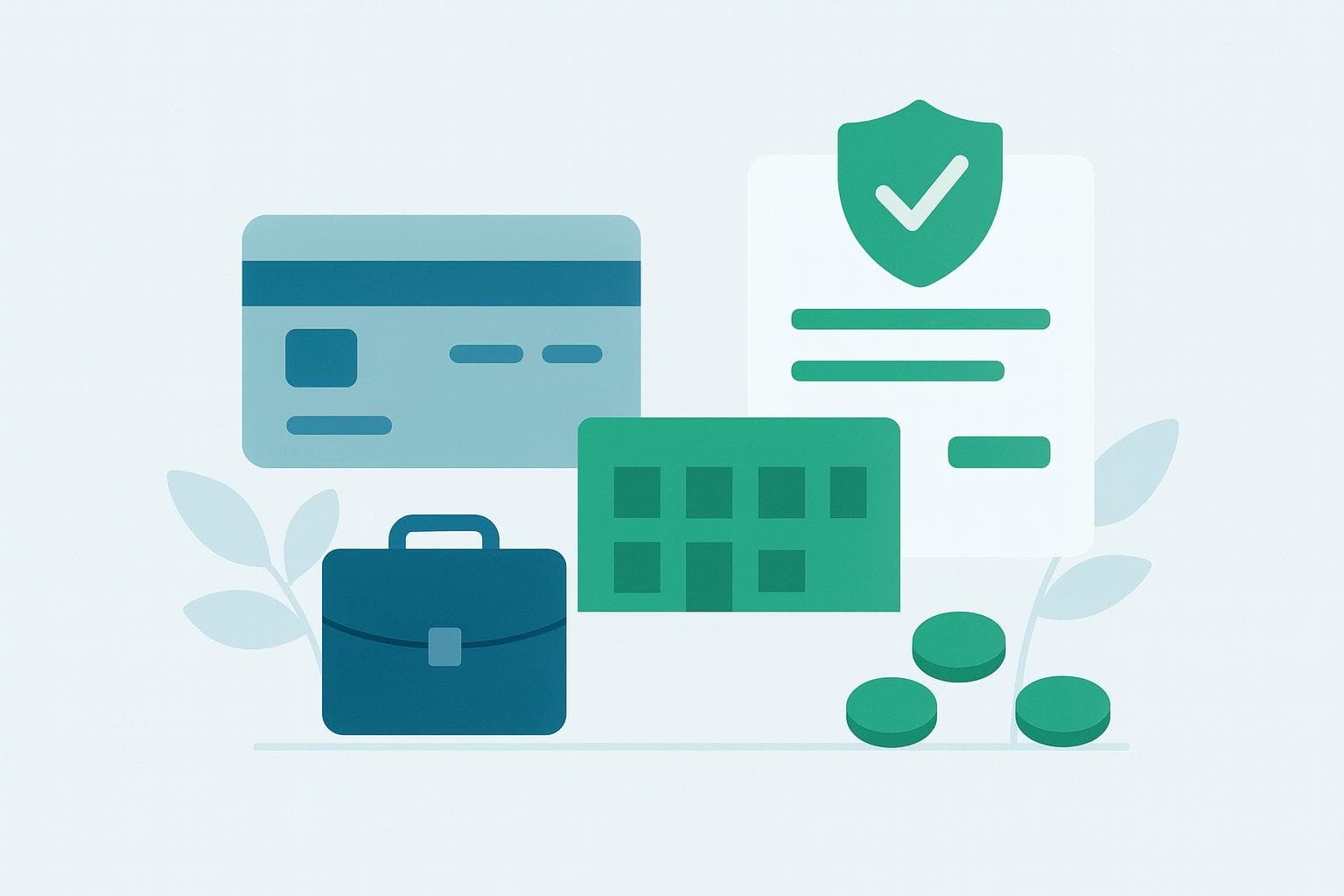 Illustration of credit card, approval document, briefcase, and office building