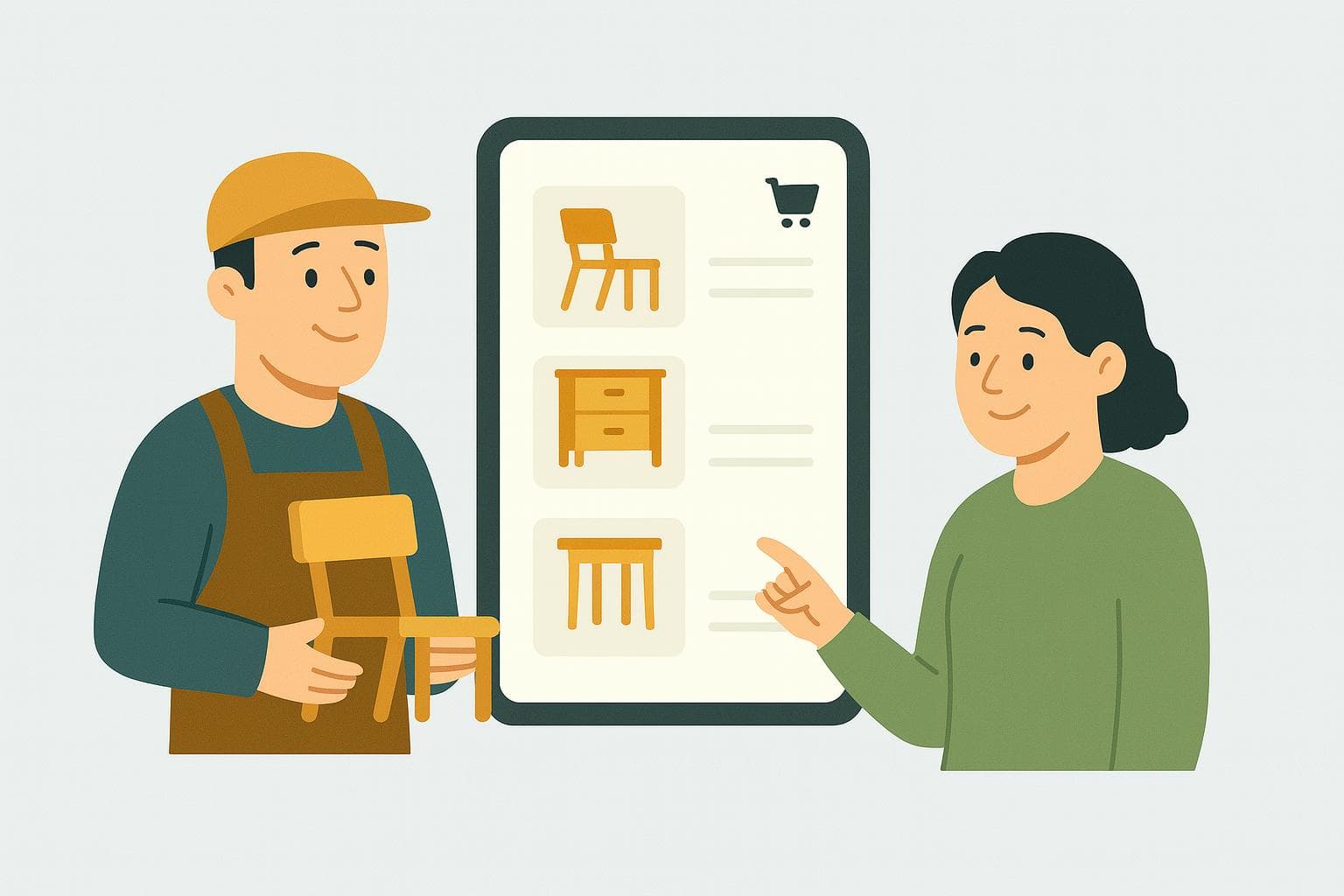 Illustration of vendor showing furniture and customer viewing products on a tablet
