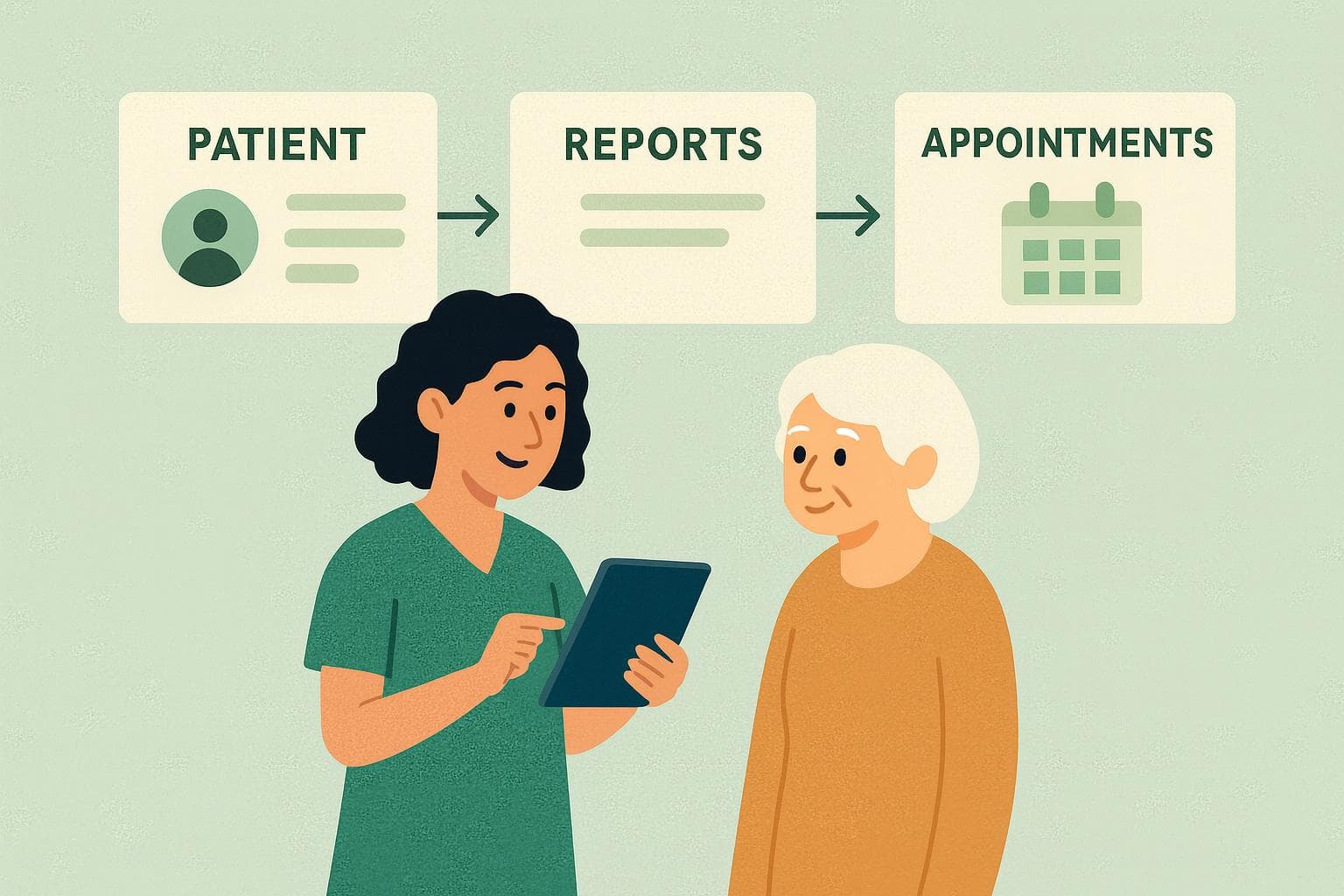 Illustration of care provider with patient and healthcare dashboards