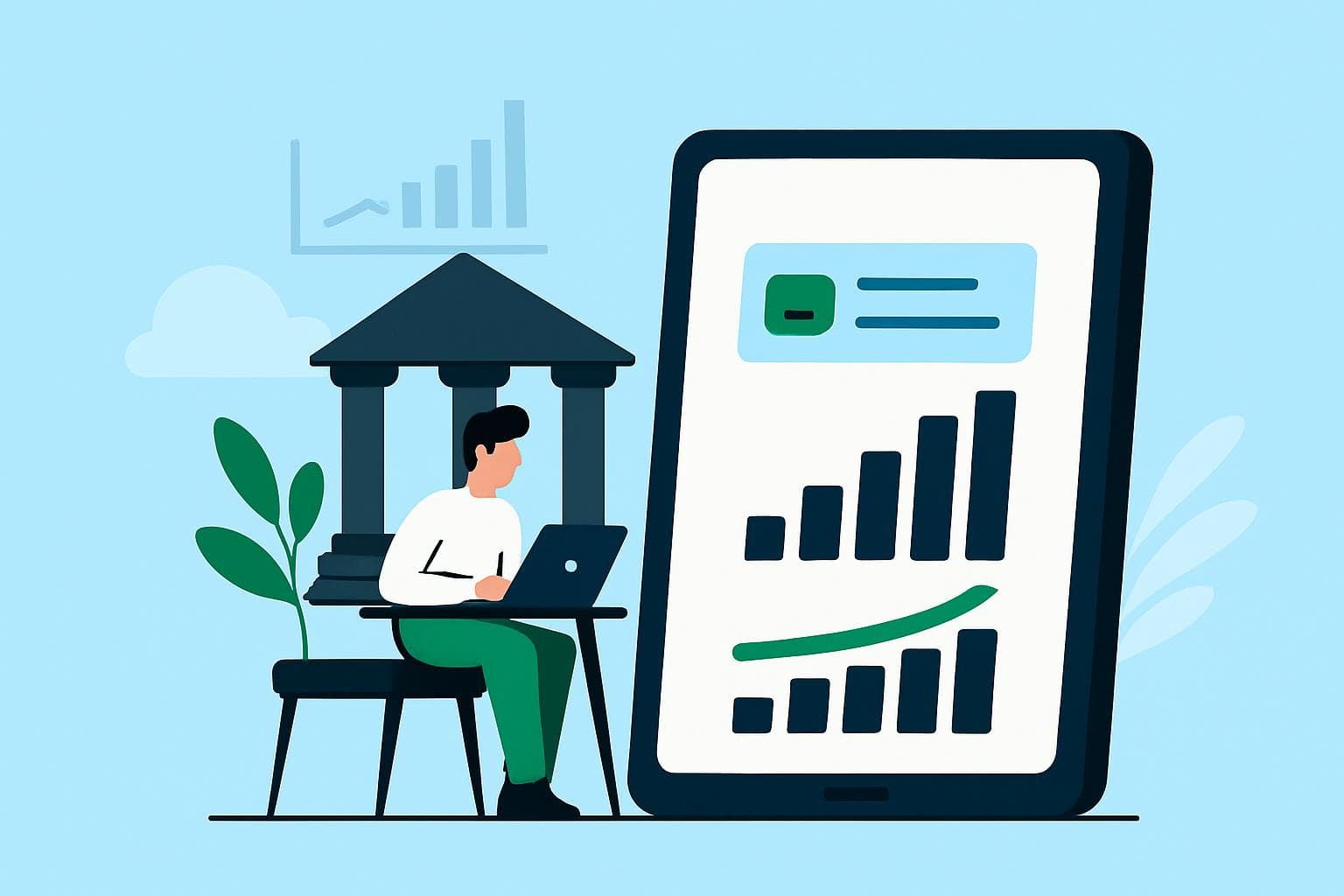 Illustration of a person at a laptop with charts and a bank icon