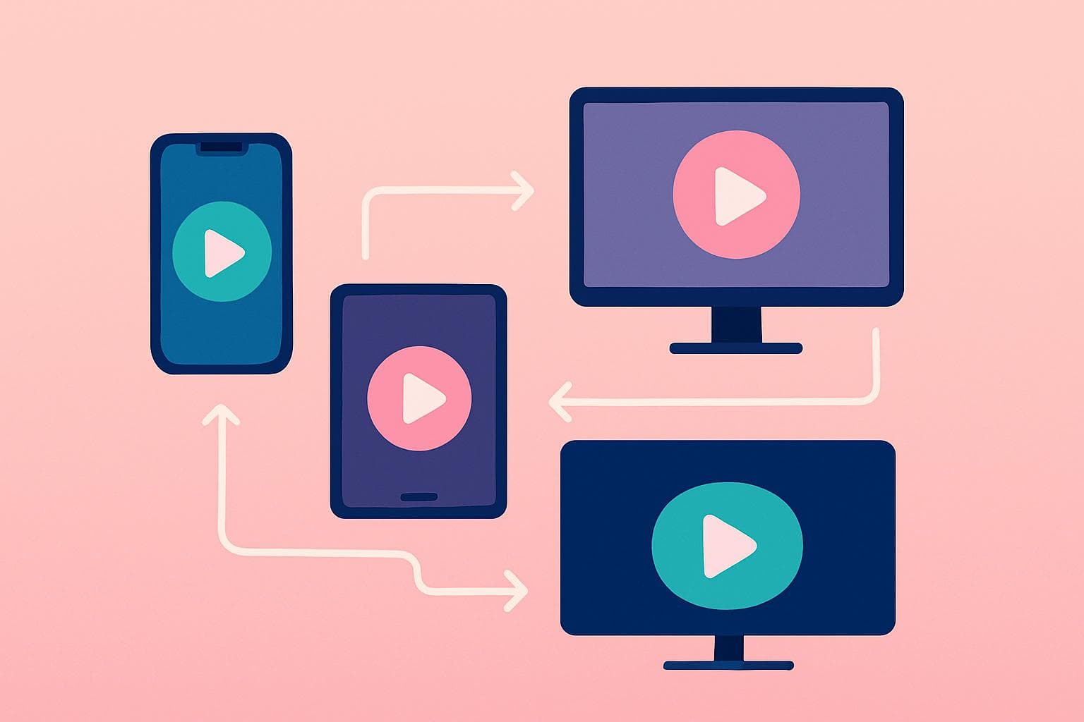 Illustration of smartphone, tablet, and desktop connected with play icons and neon arrows