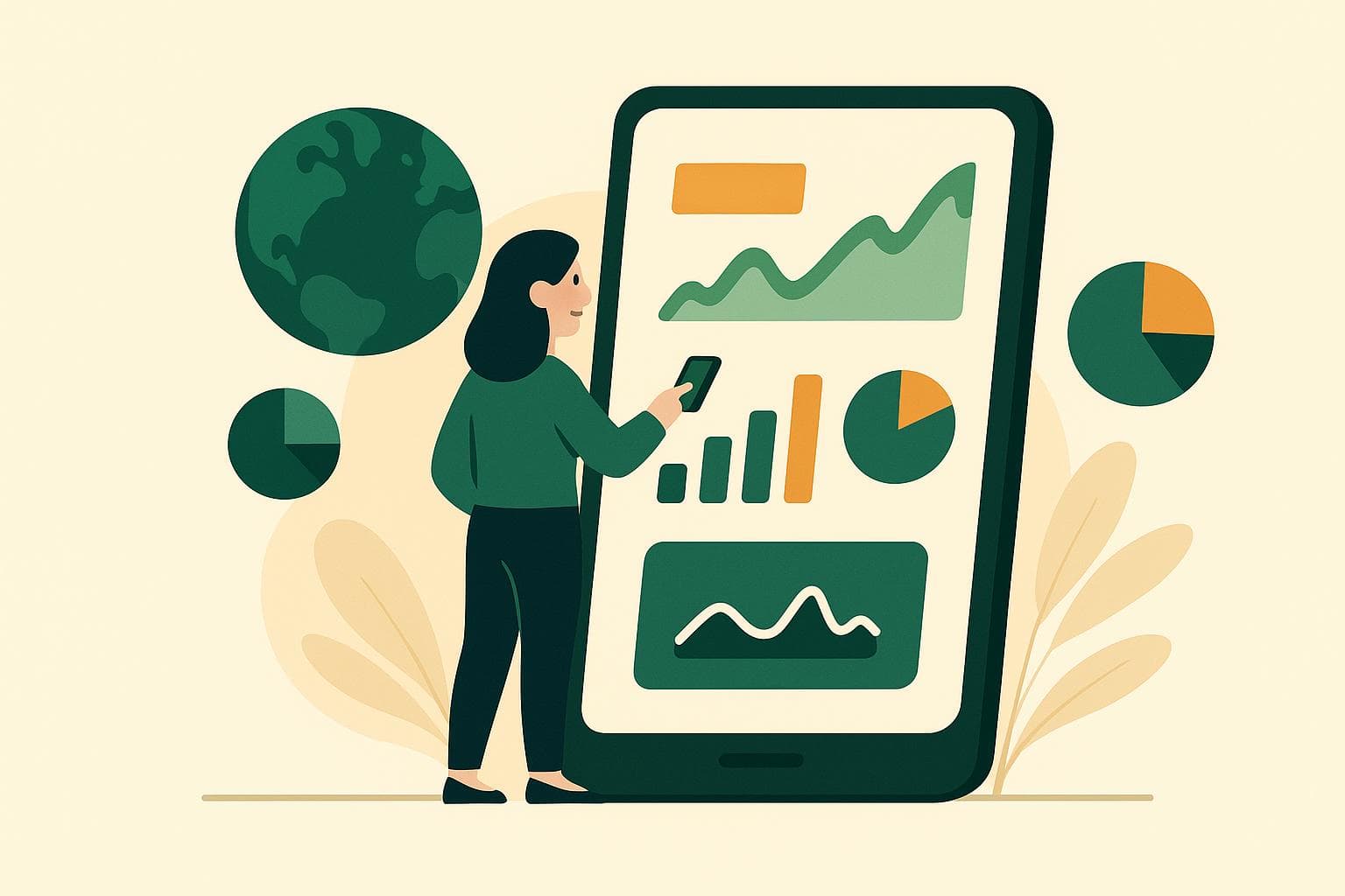 Illustration of a woman with mobile showing investment charts